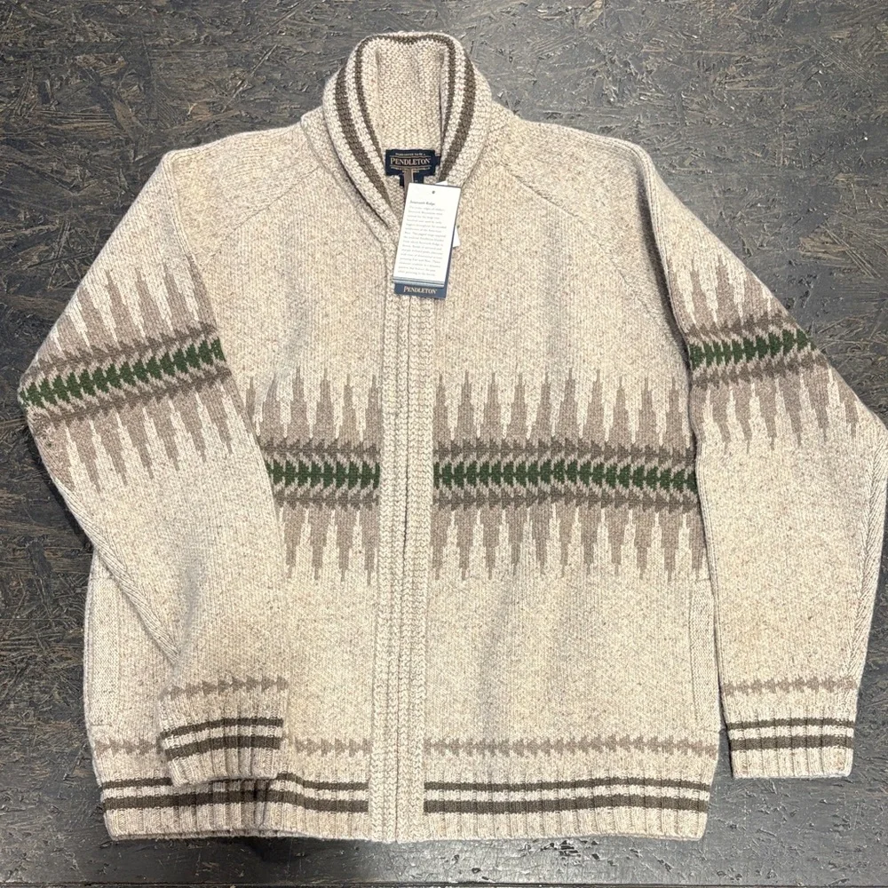 Pendleton Men's Beige Wool Zip Cardigan with Green & Brown Pattern - Picture 2 of 4